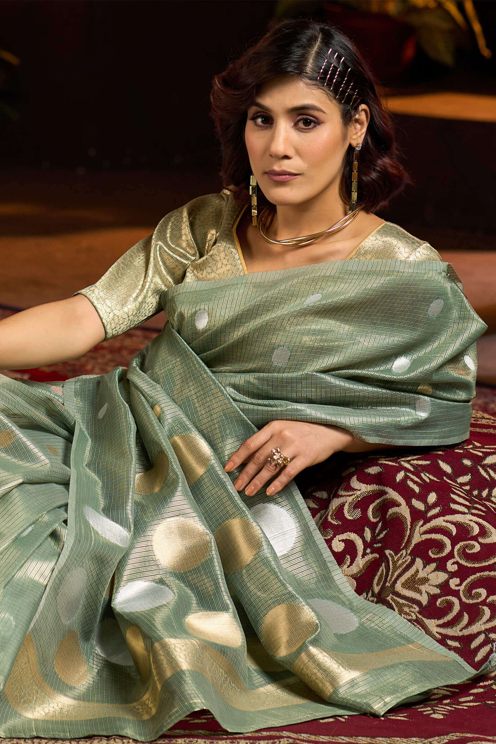 Innovative Sea Green Soft Banarasi Tissue Silk Saree With Majestic Blouse Piece