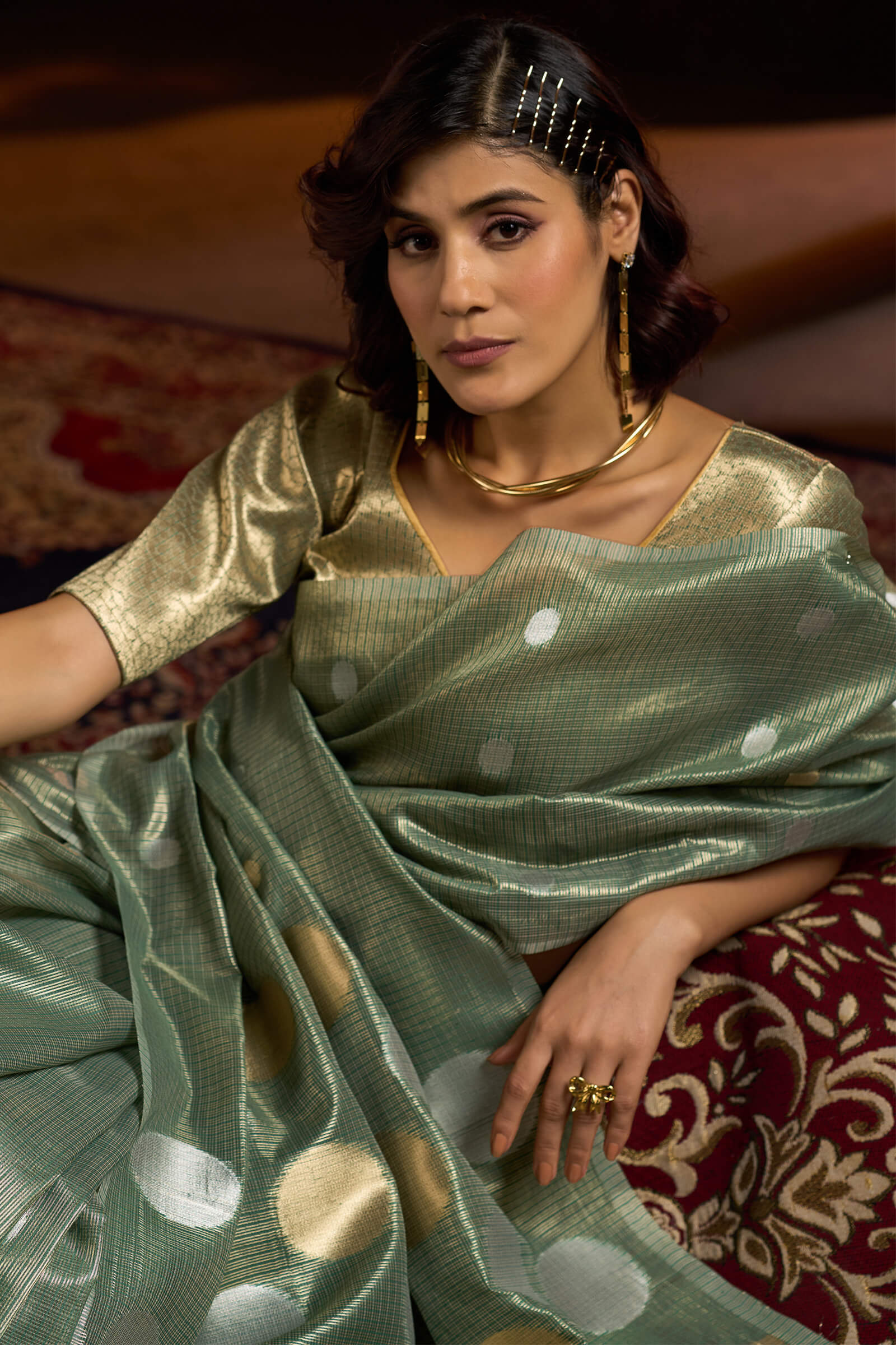 Innovative Sea Green Soft Banarasi Tissue Silk Saree With Majestic Blouse Piece