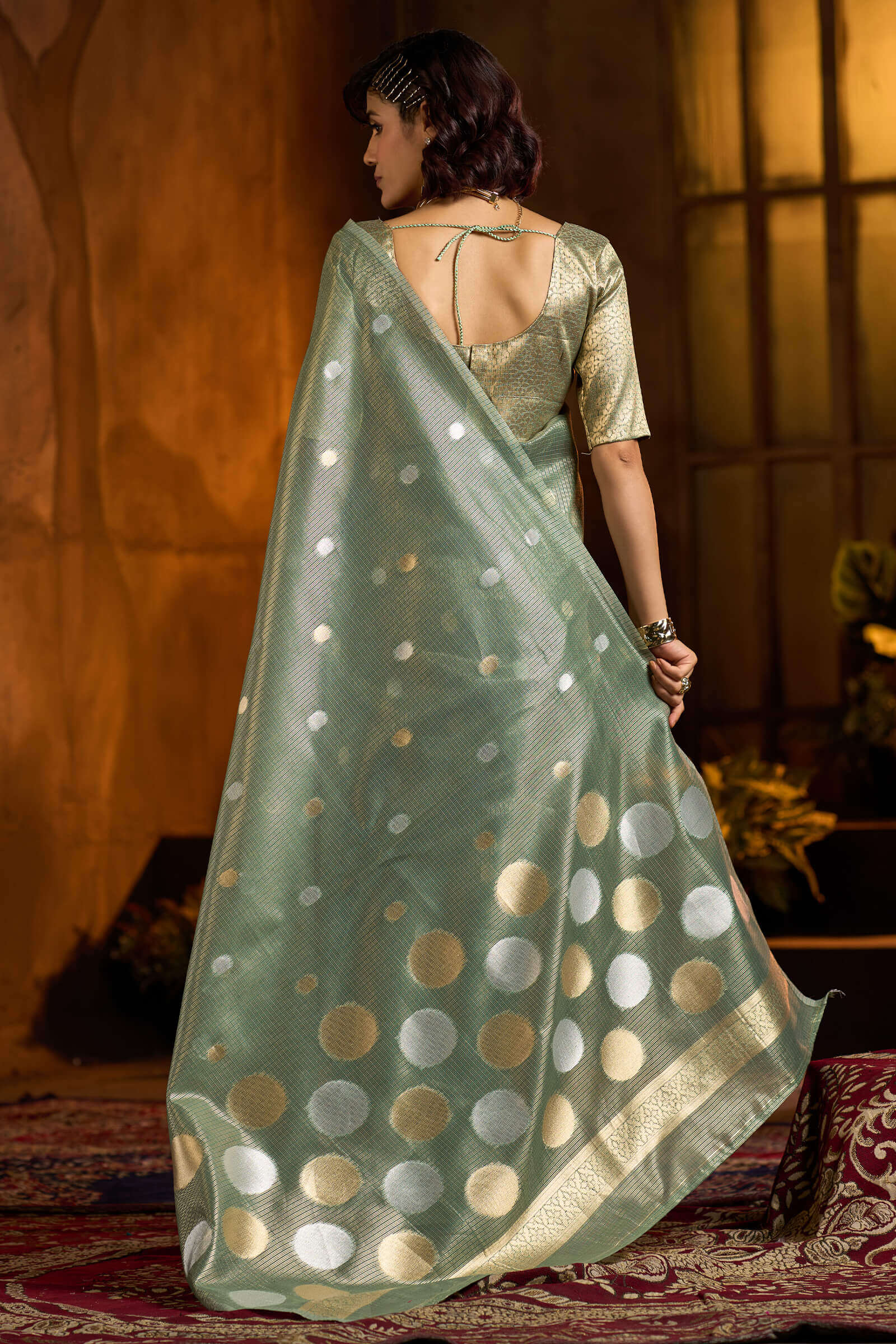 Innovative Sea Green Soft Banarasi Tissue Silk Saree With Majestic Blouse Piece