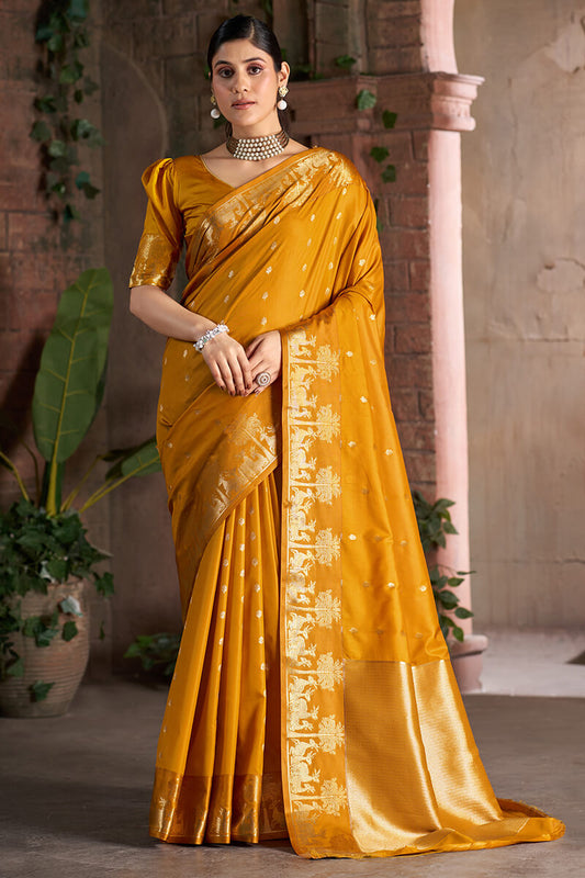 Preferable Mustard Pure Zari Weaving Banarasi Silk Saree With Designer Blouse Piece