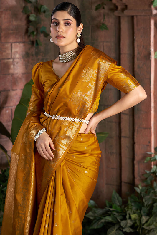 Preferable Mustard Pure Zari Weaving Banarasi Silk Saree With Designer Blouse Piece