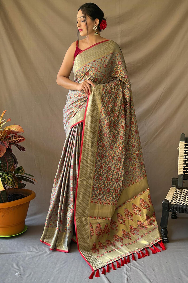 Admirable Grey Patola Silk Saree with Incredible Blouse Piece