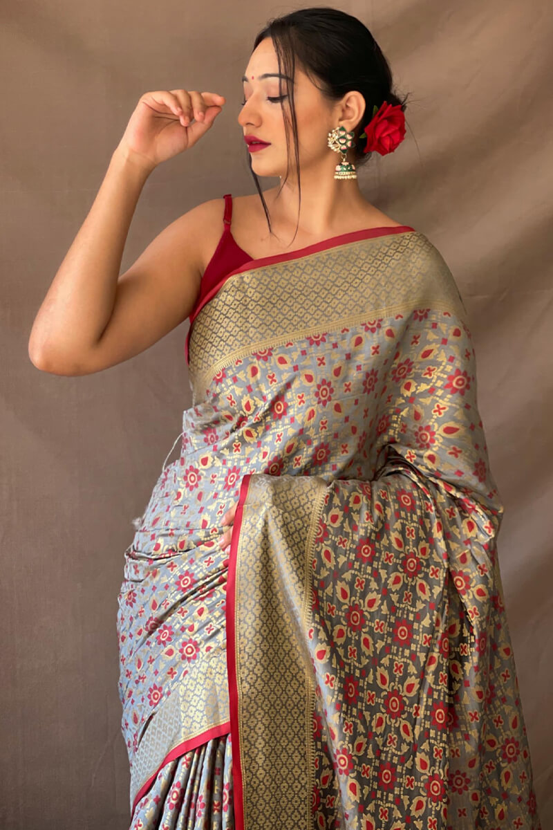 Admirable Grey Patola Silk Saree with Incredible Blouse Piece