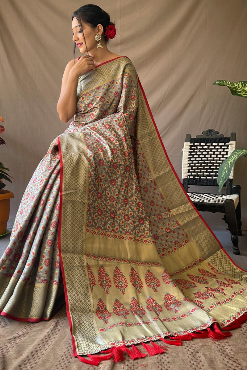 Admirable Grey Patola Silk Saree with Incredible Blouse Piece