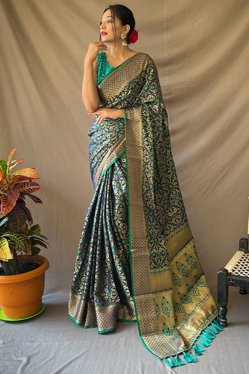 Traditional Navy Blue Patola Silk Saree with Staggering Blouse Piece