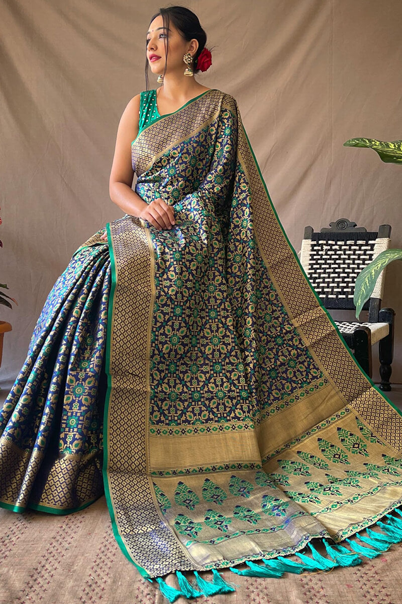 Traditional Navy Blue Patola Silk Saree with Staggering Blouse Piece