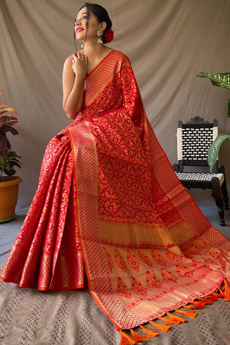 Unequalled Red Patola Silk Saree with Ratatouille Blouse Piece