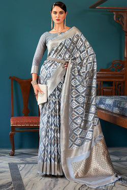 Grandiose Grey Cotton Silk Saree With Dulcet Blouse Piece