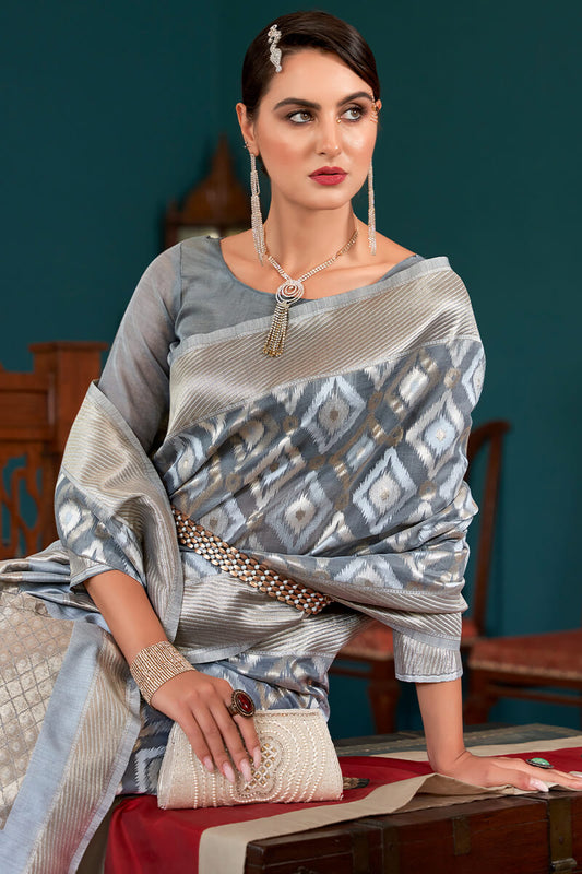 Grandiose Grey Cotton Silk Saree With Dulcet Blouse Piece
