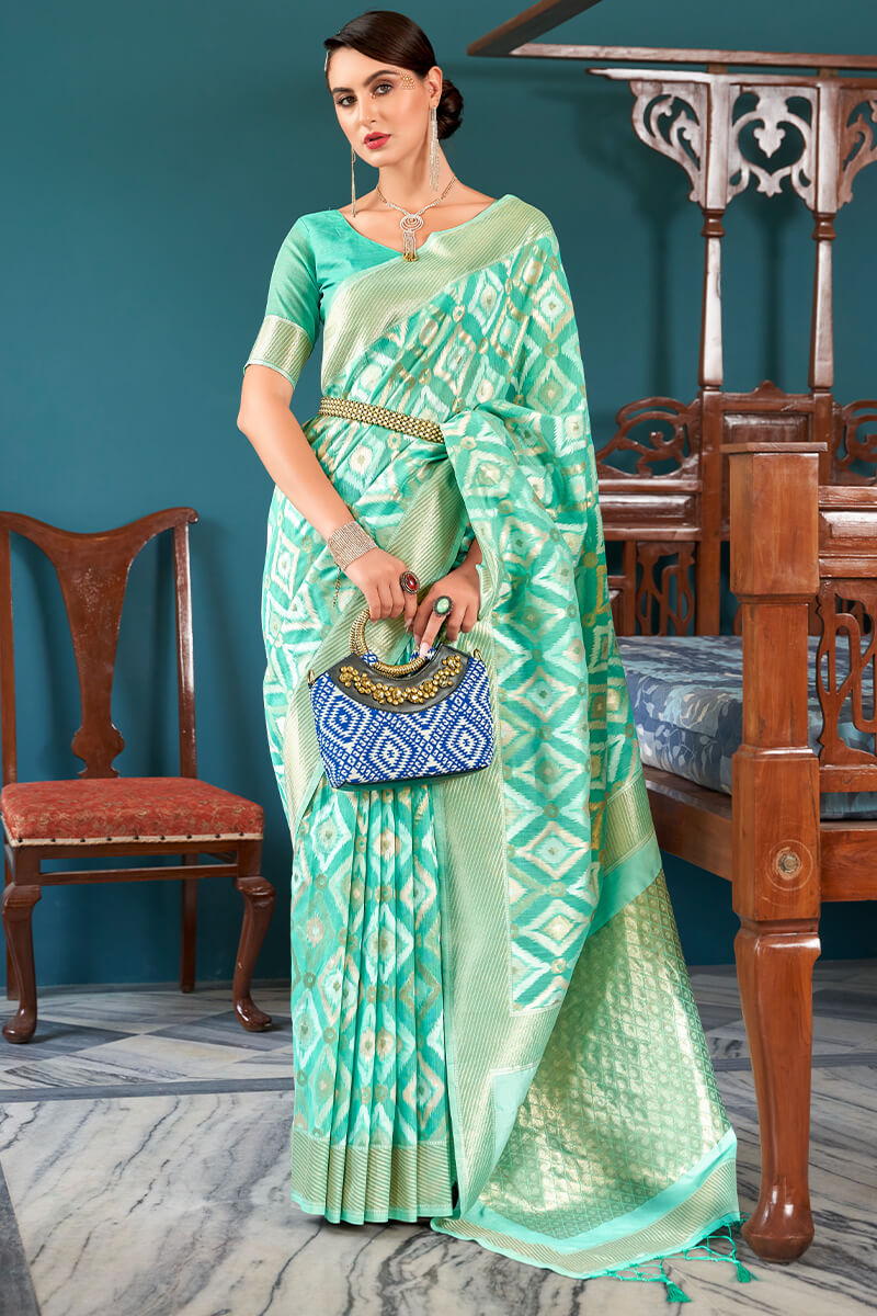 Evocative Turquoise Cotton Silk Saree With Classy Blouse Piece