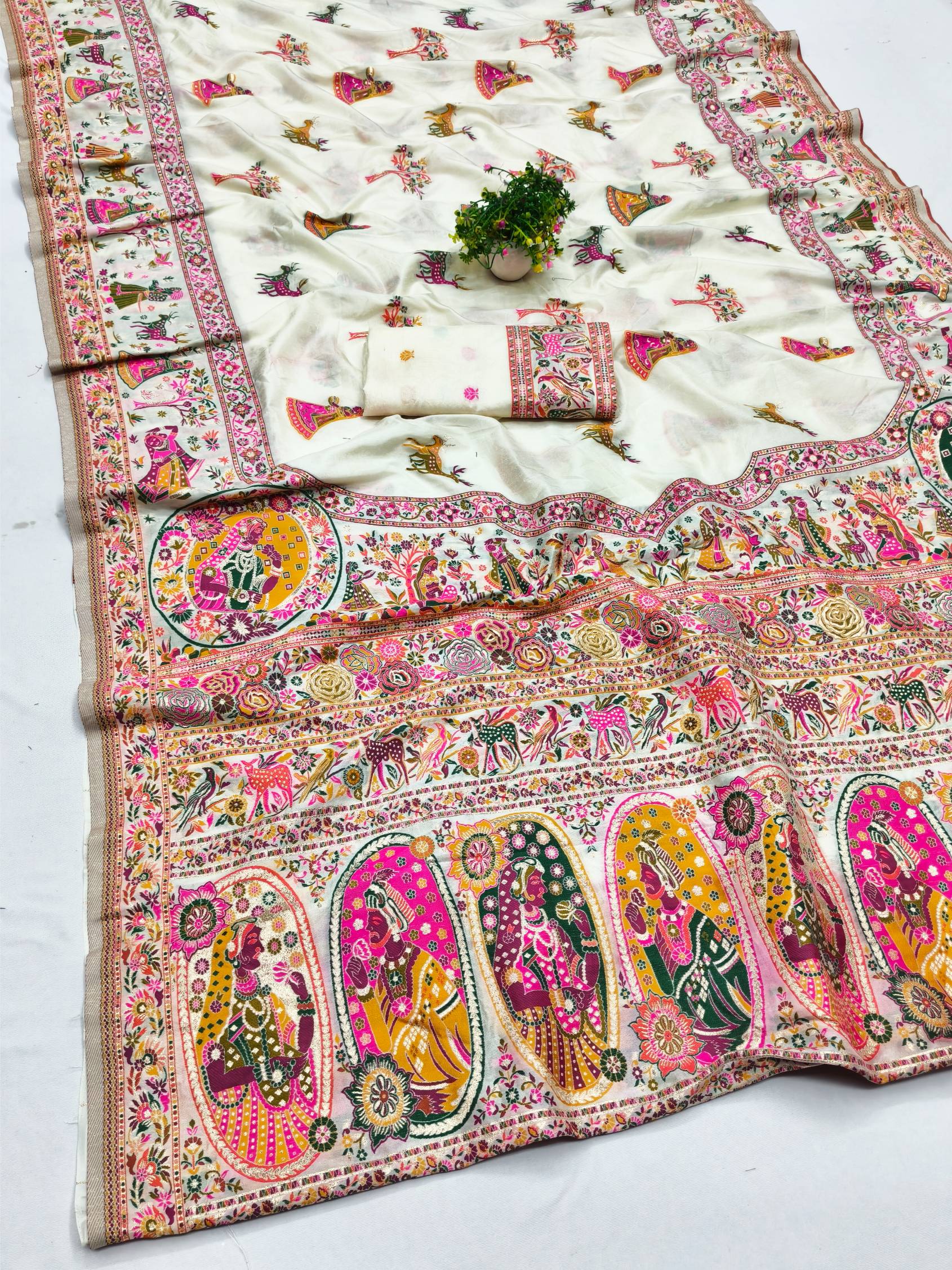 Most Stunning Beige Nylon Dola Pashmina Saree With Glorious Blouse Piece