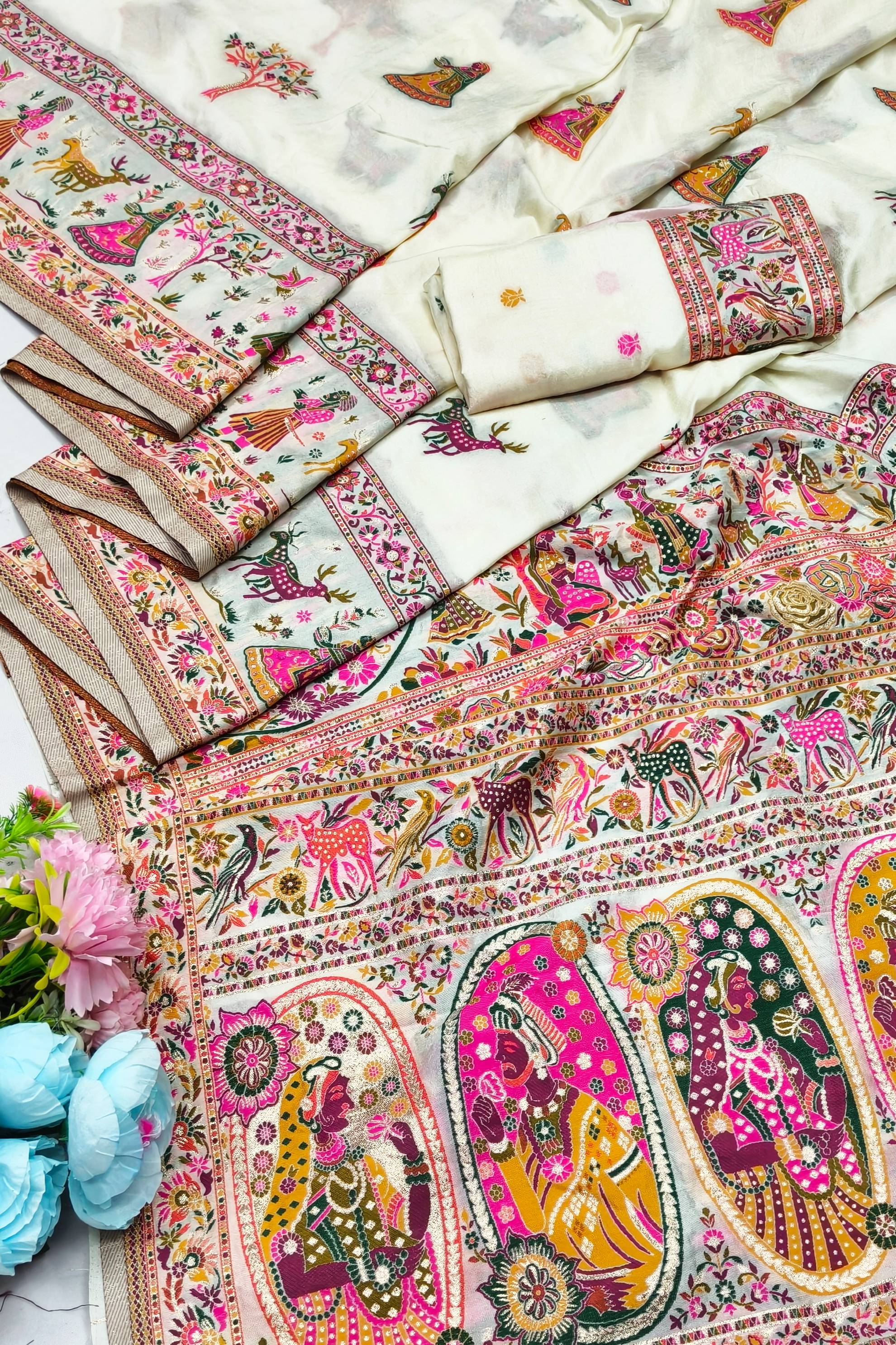 Most Stunning Beige Nylon Dola Pashmina Saree With Glorious Blouse Piece