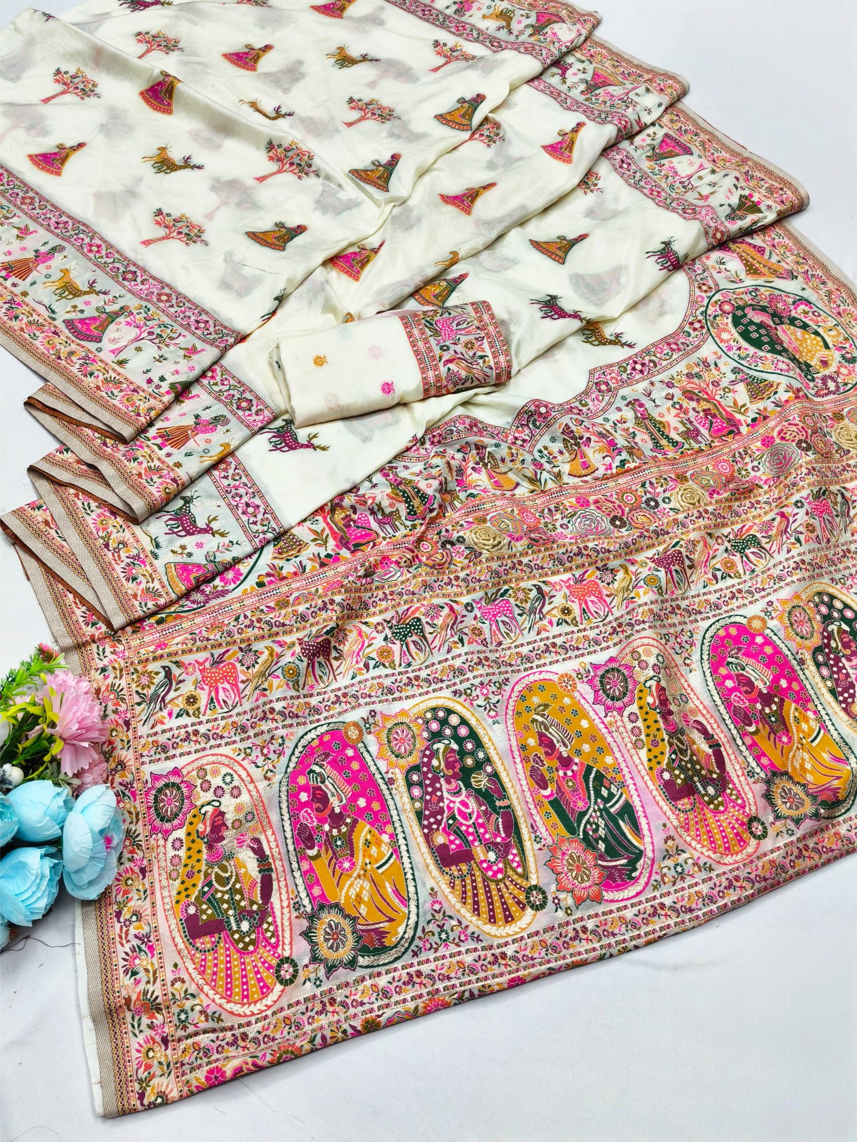 Most Stunning Beige Nylon Dola Pashmina Saree With Glorious Blouse Piece