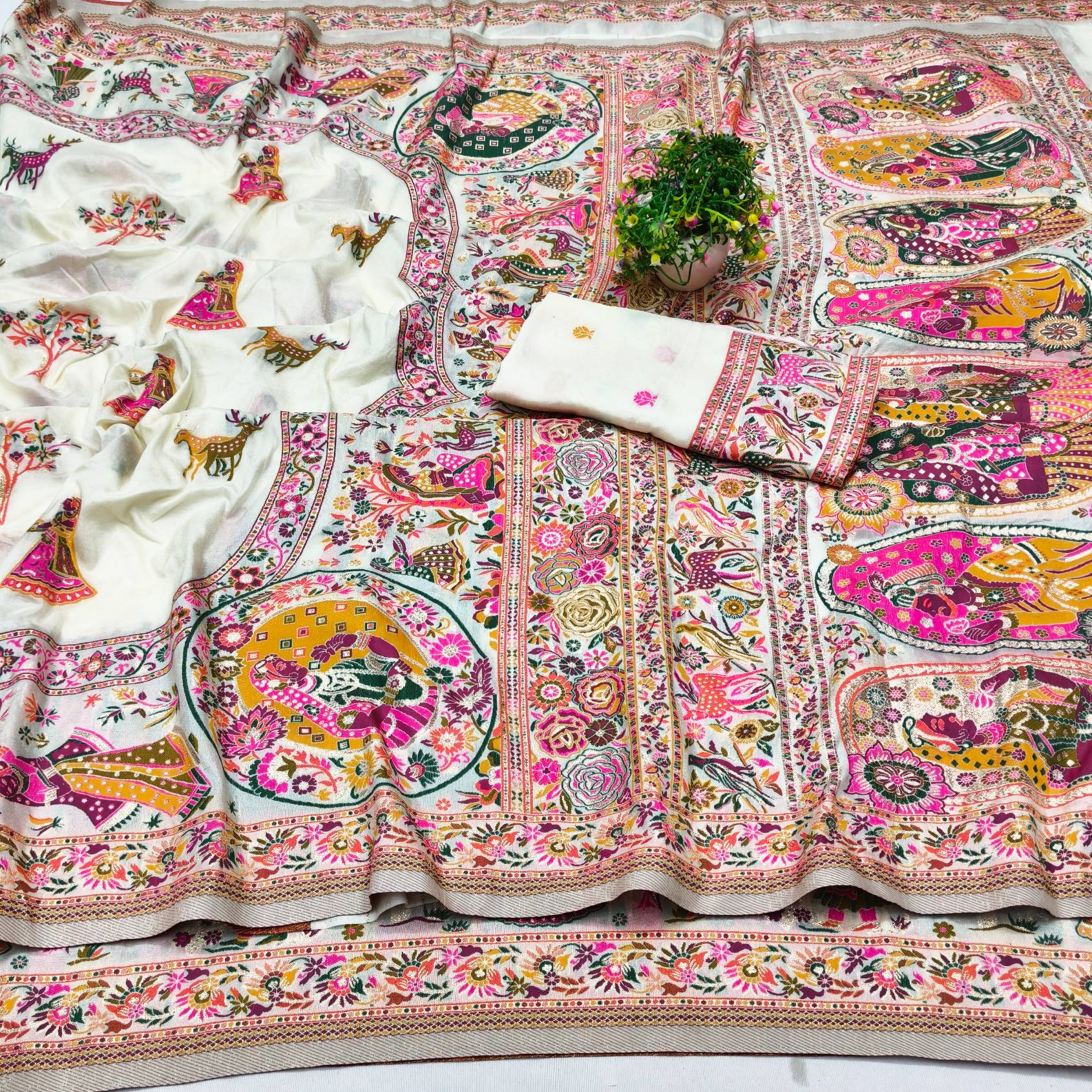 Most Stunning Beige Nylon Dola Pashmina Saree With Glorious Blouse Piece