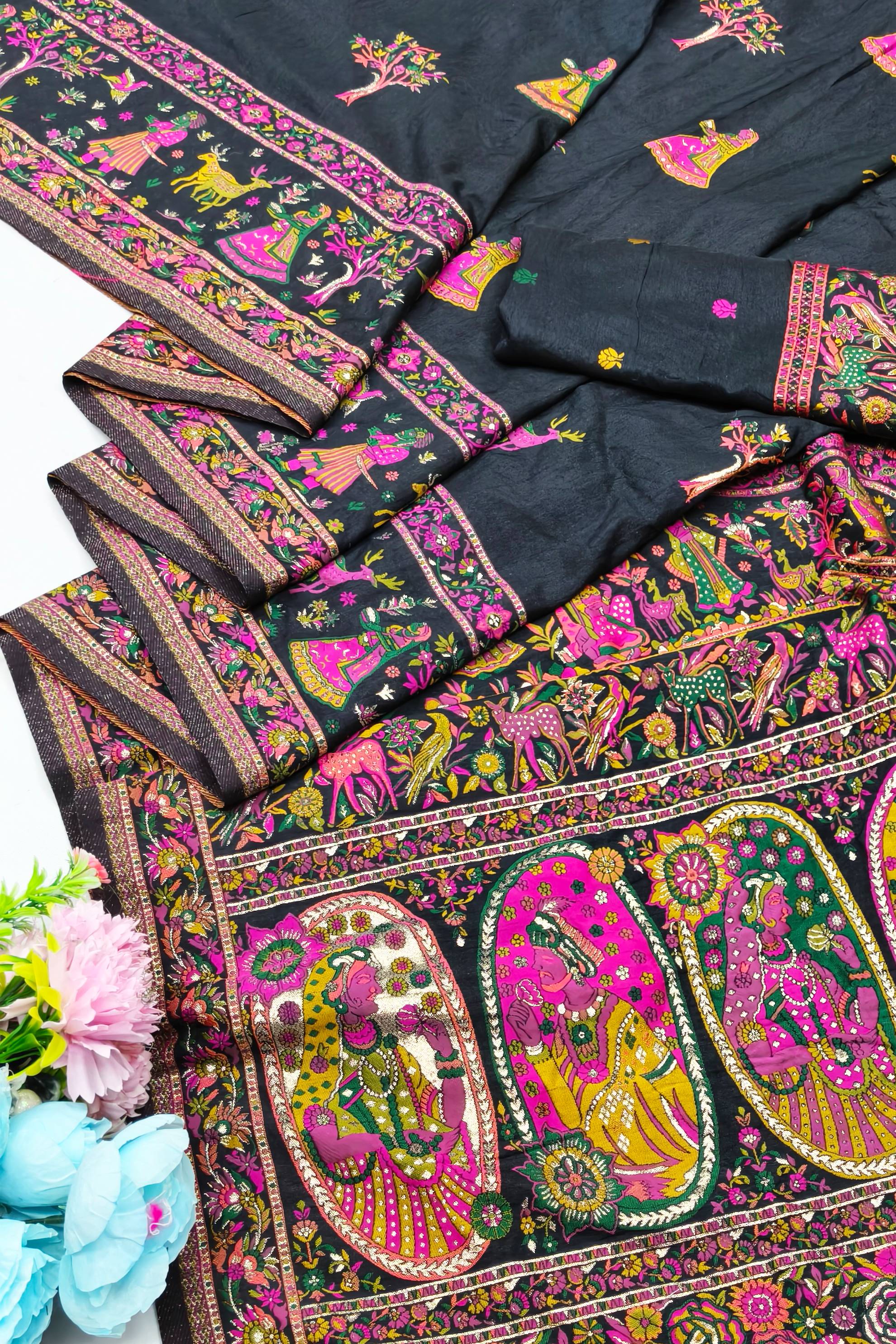 Mellifluous Black Nylon Dola Pashmina Saree With Diaphanous Blouse Piece