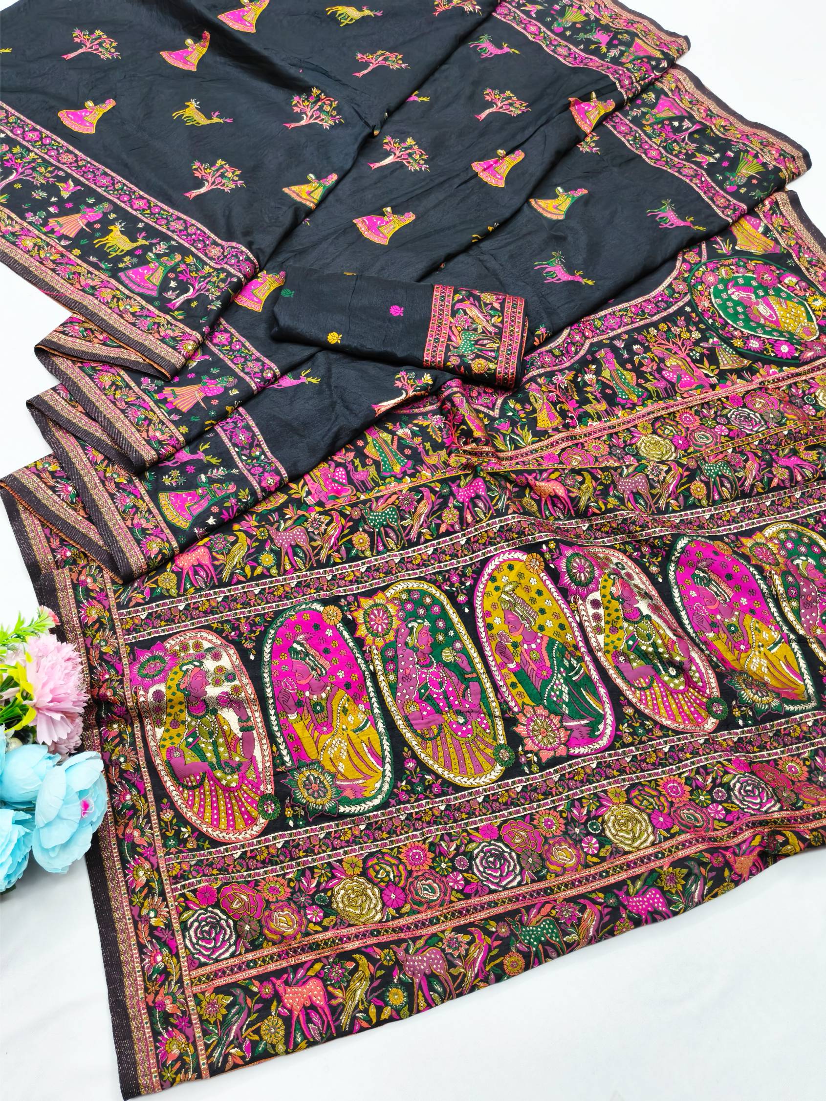 Mellifluous Black Nylon Dola Pashmina Saree With Diaphanous Blouse Piece