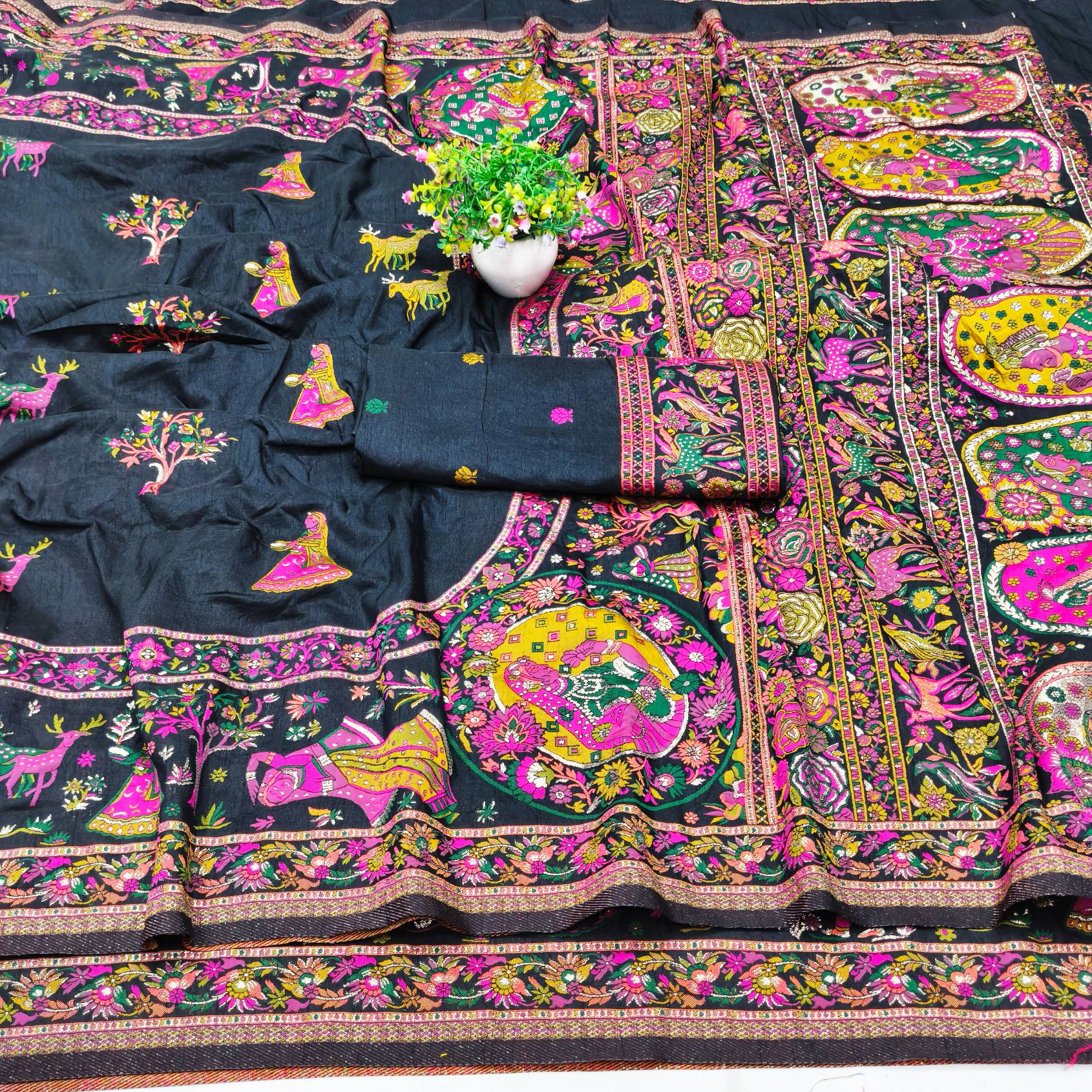 Mellifluous Black Nylon Dola Pashmina Saree With Diaphanous Blouse Piece