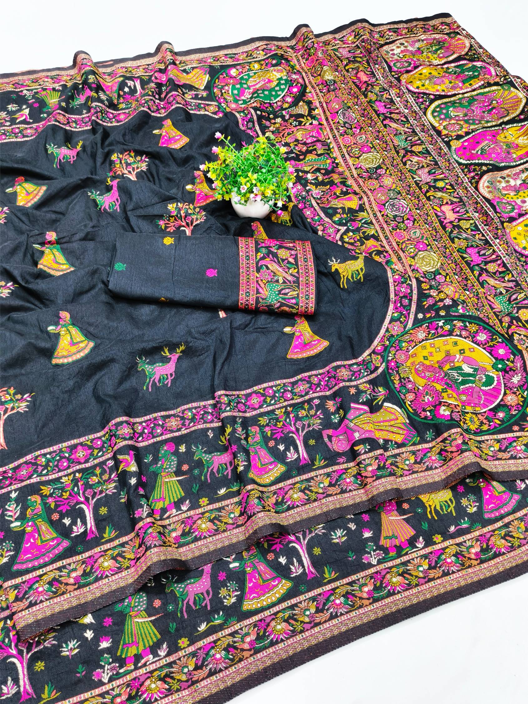 Mellifluous Black Nylon Dola Pashmina Saree With Diaphanous Blouse Piece