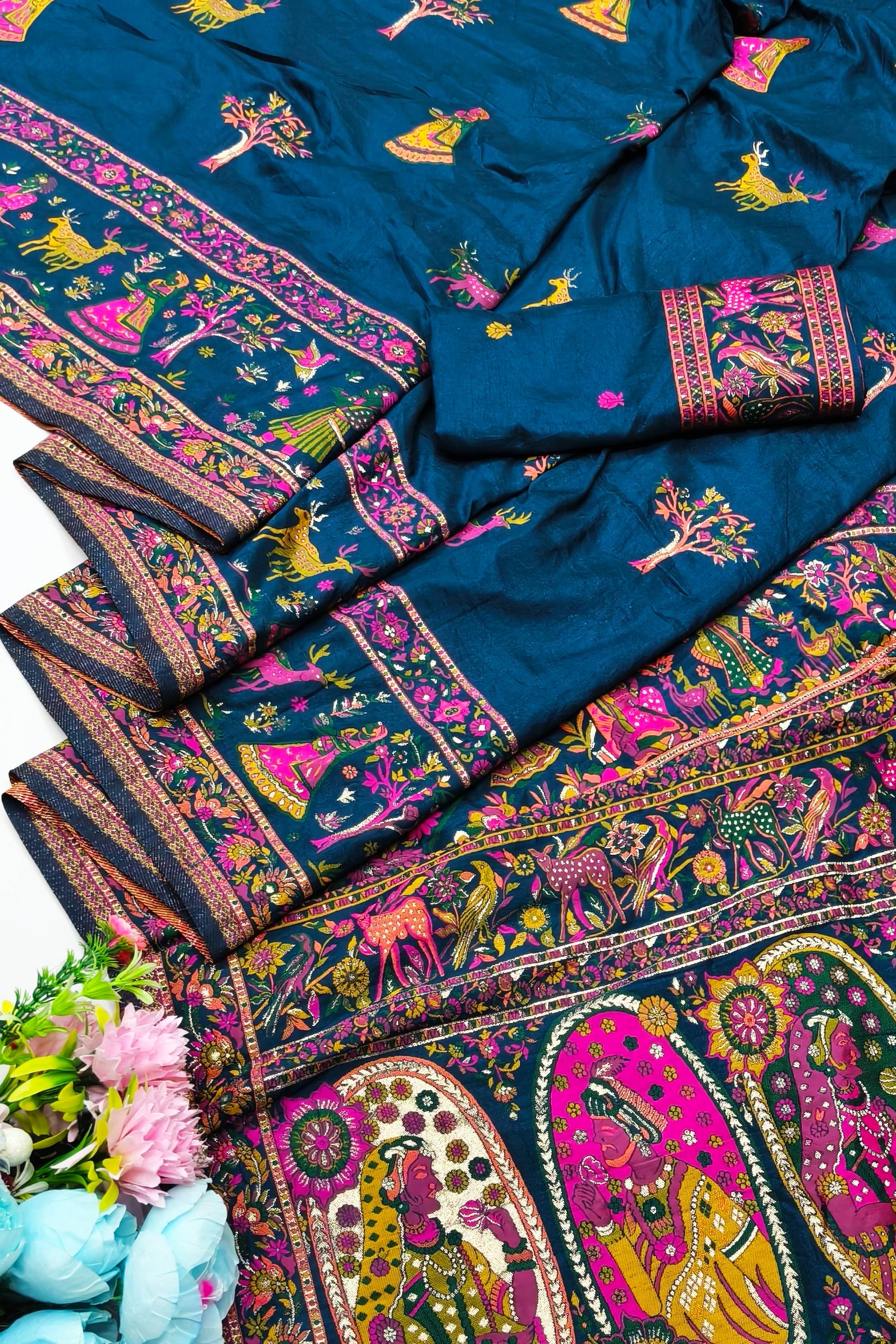 Prettiest Blue Nylon Dola Pashmina Saree With Smart Blouse Piece