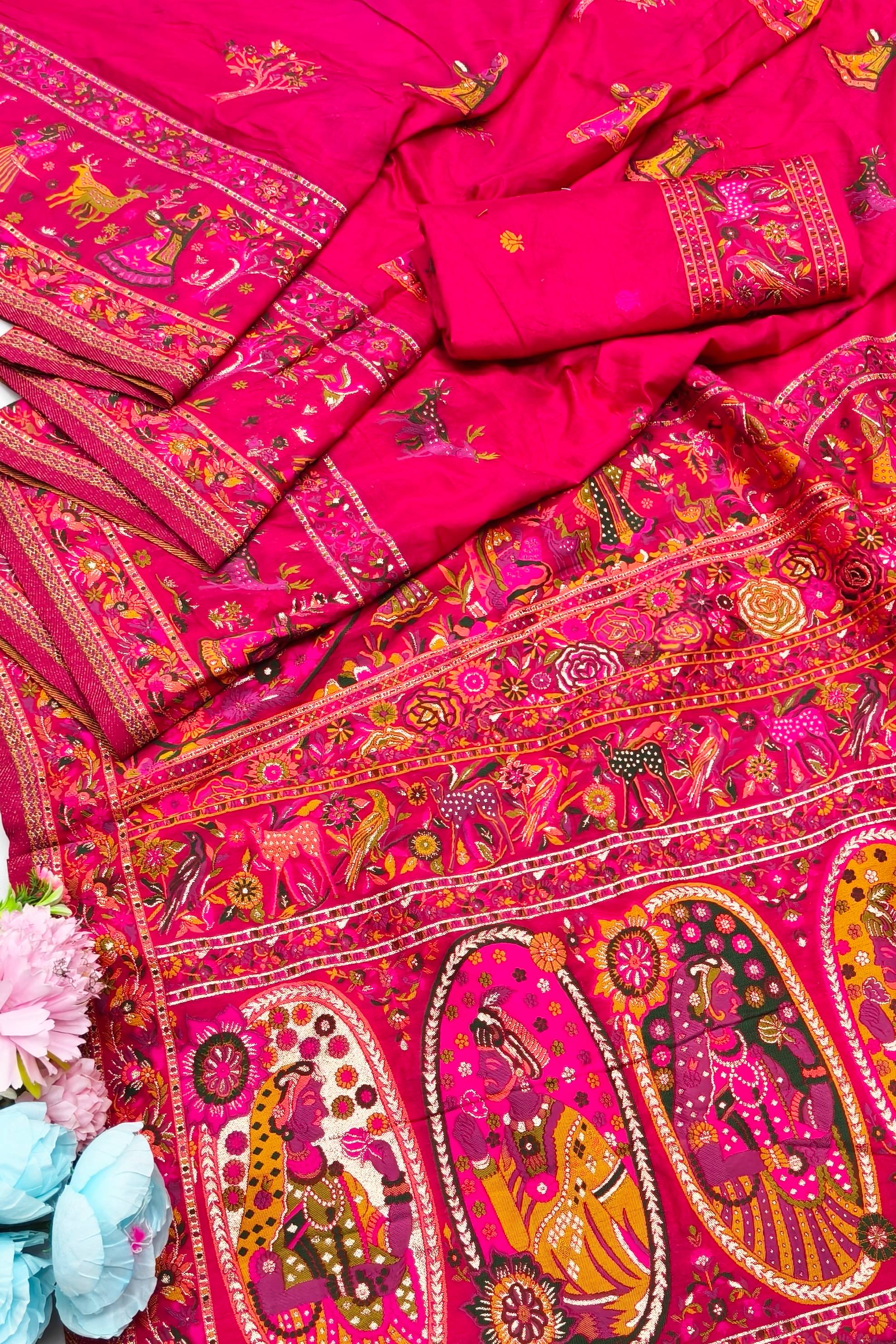 Radiant Dark Pink Nylon Dola Pashmina Saree With Traditional Blouse Piece