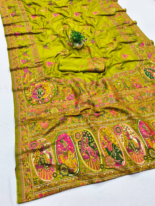 Beauteous Mehandi Nylon Dola Pashmina Saree With Chatoyant Blouse Piece