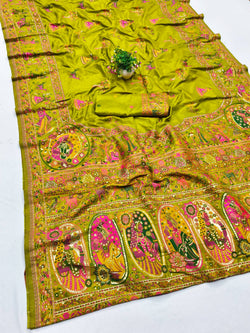 Beauteous Mehandi Nylon Dola Pashmina Saree With Chatoyant Blouse Piece