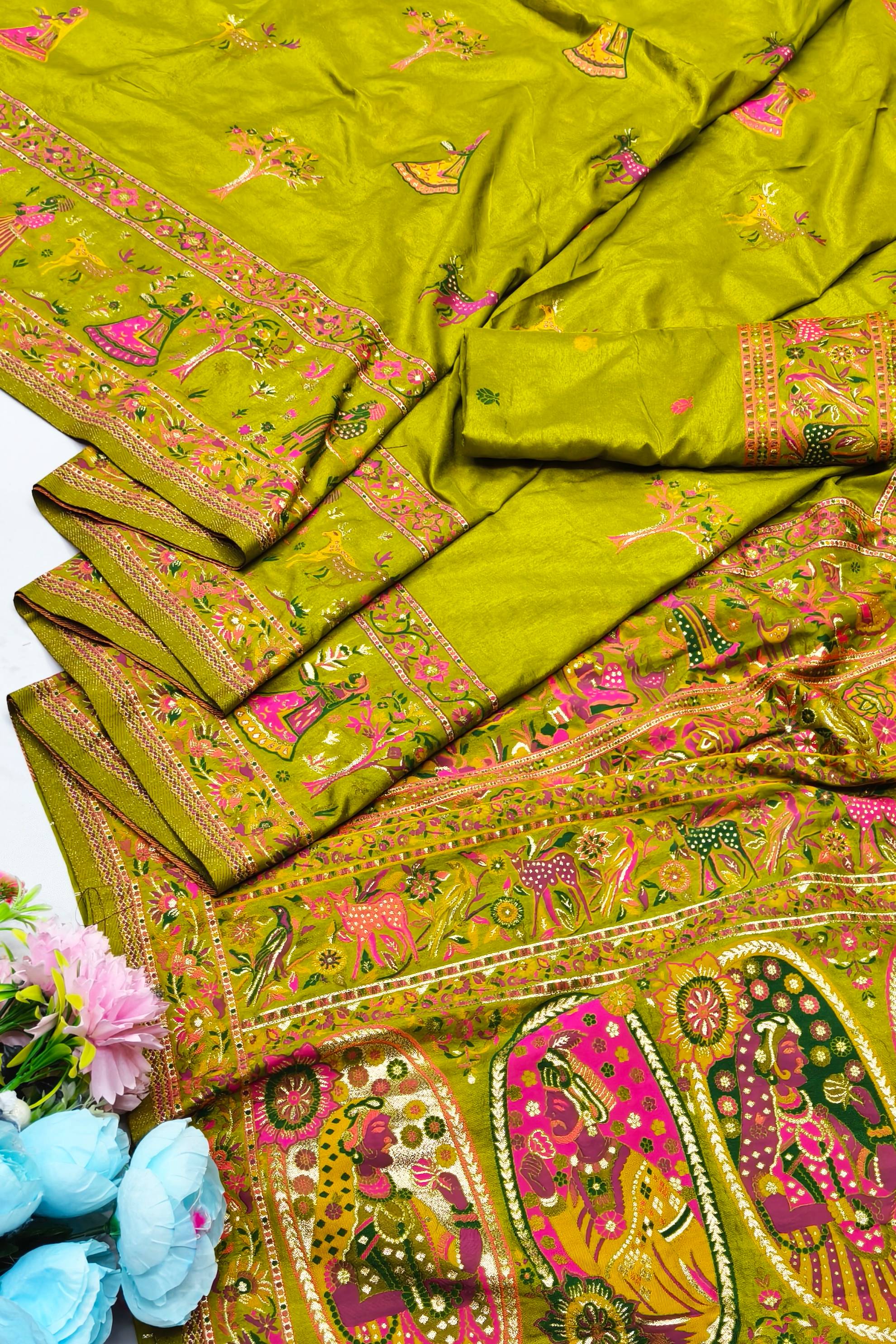 Beauteous Mehandi Nylon Dola Pashmina Saree With Chatoyant Blouse Piece