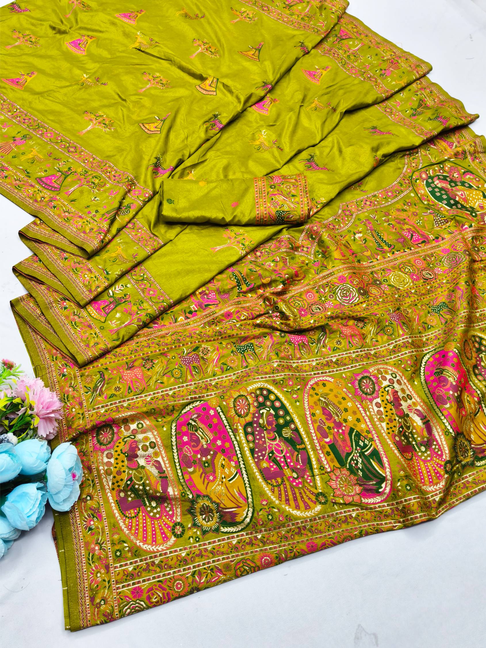 Beauteous Mehandi Nylon Dola Pashmina Saree With Chatoyant Blouse Piece