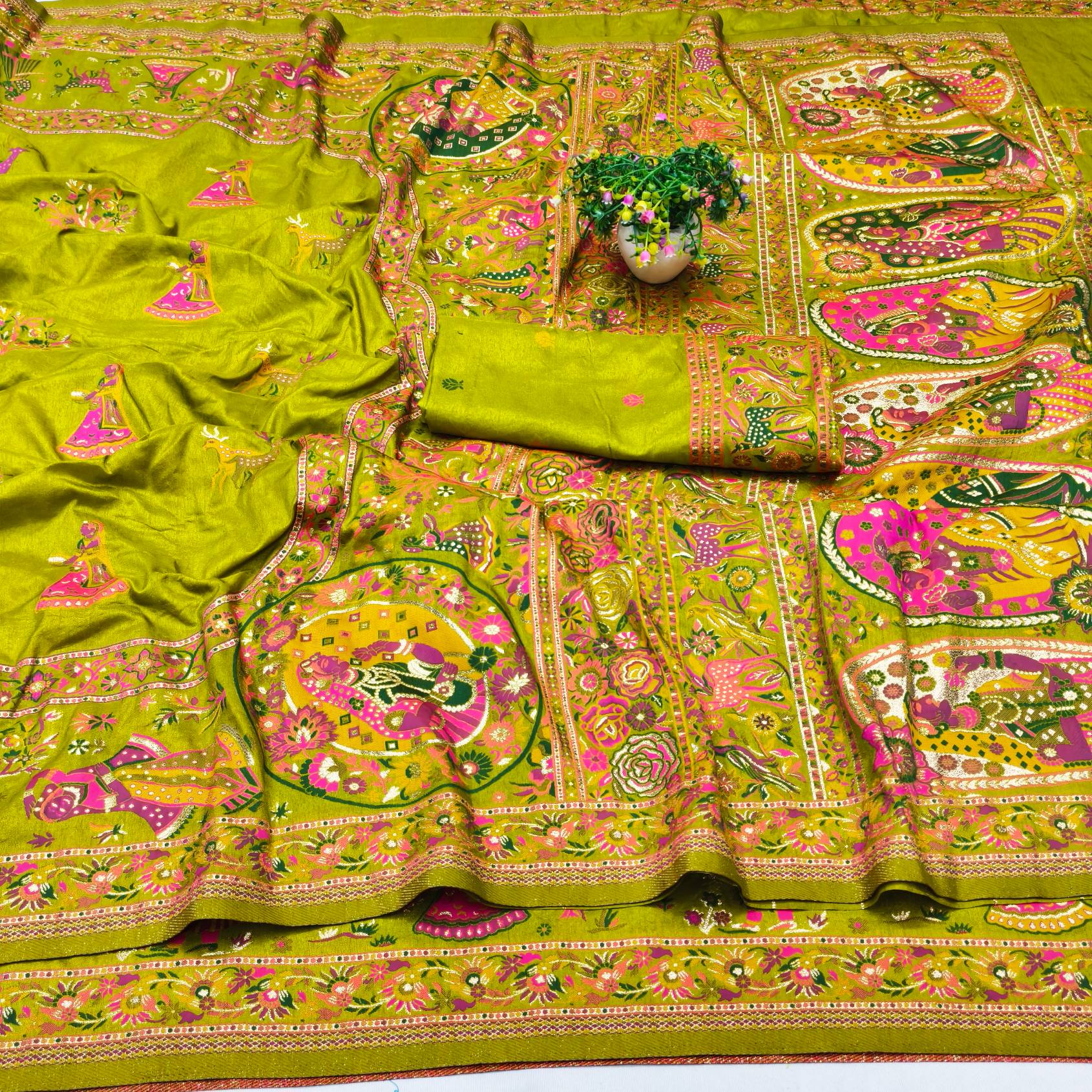 Beauteous Mehandi Nylon Dola Pashmina Saree With Chatoyant Blouse Piece