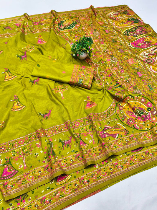 Beauteous Mehandi Nylon Dola Pashmina Saree With Chatoyant Blouse Piece