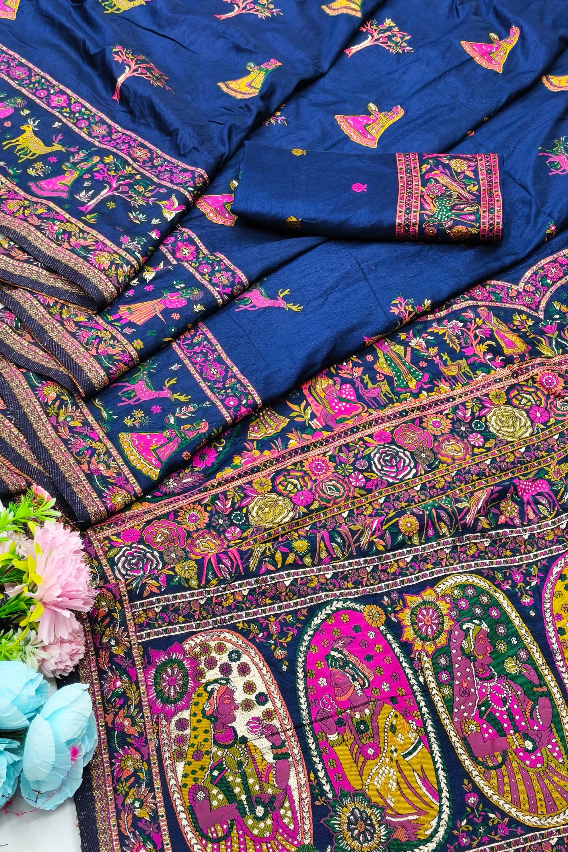 Most Seraglio Navy Blue Nylon Dola Pashmina Saree With Pleasurable Blouse Piece