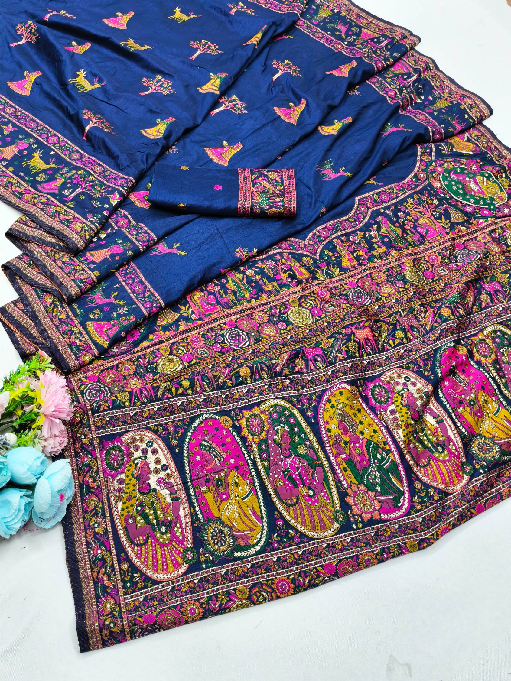 Most Seraglio Navy Blue Nylon Dola Pashmina Saree With Pleasurable Blouse Piece