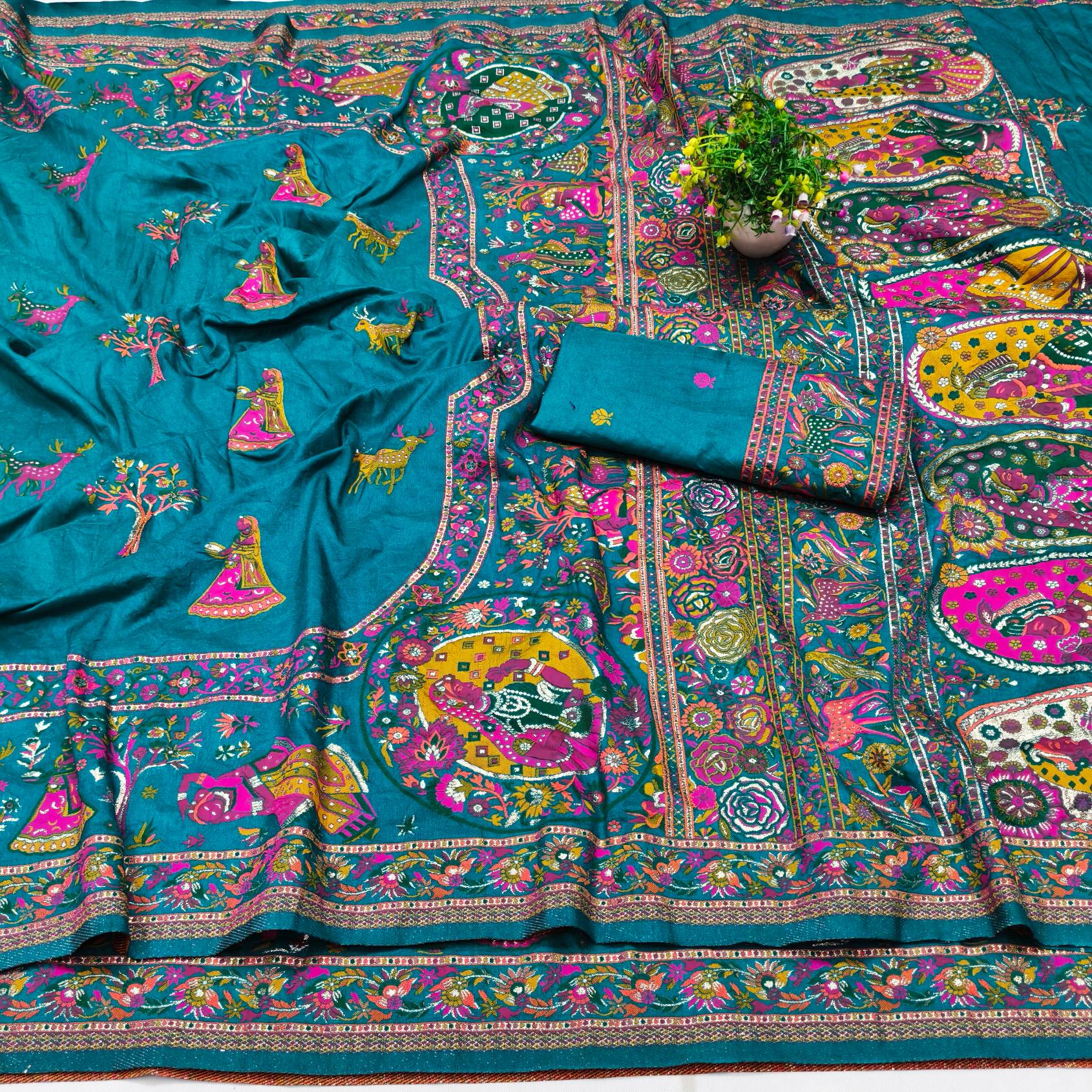 Designer Rama Nylon Dola Pashmina Saree With Gratifying Blouse Piece