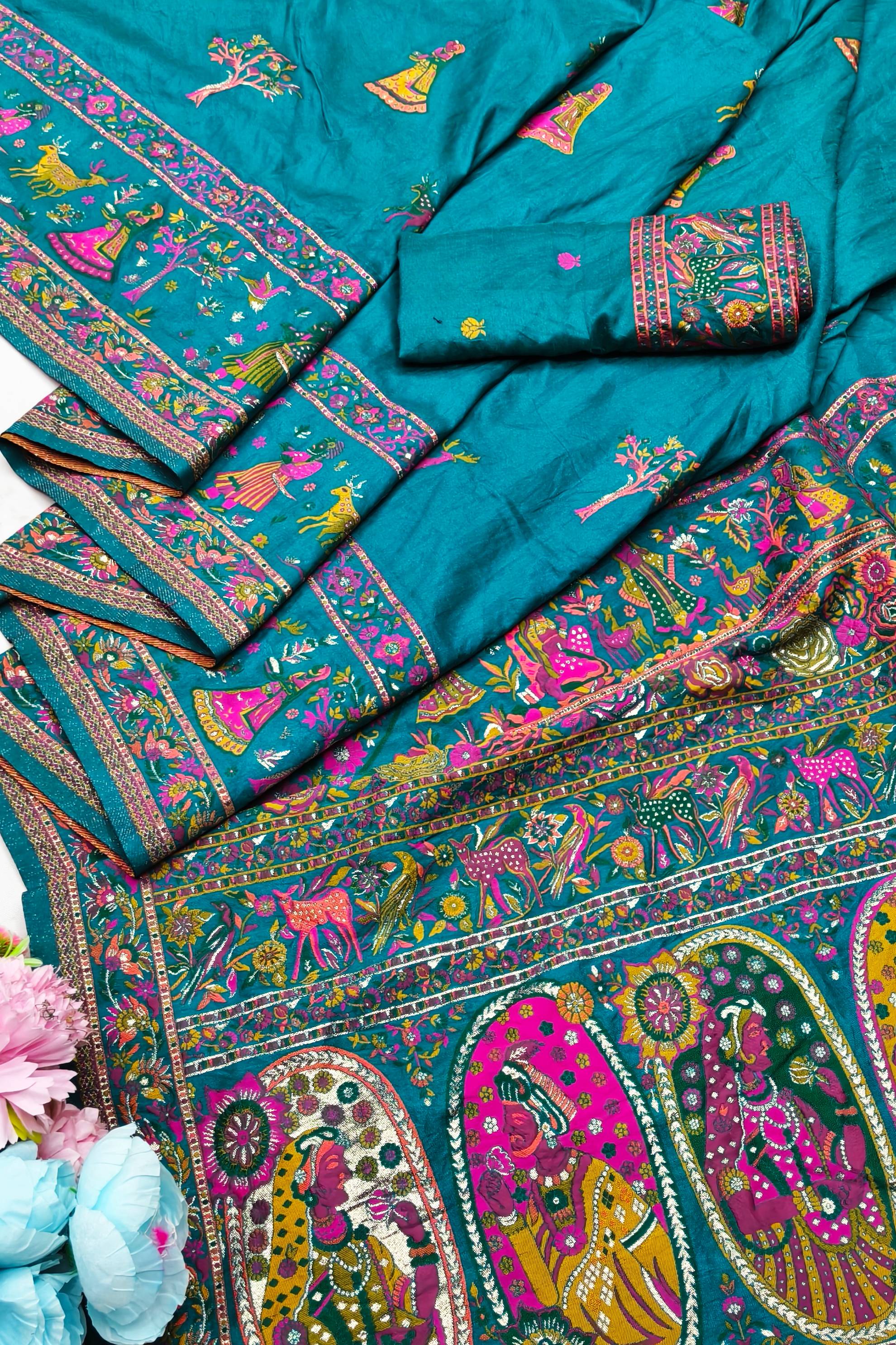 Designer Rama Nylon Dola Pashmina Saree With Gratifying Blouse Piece