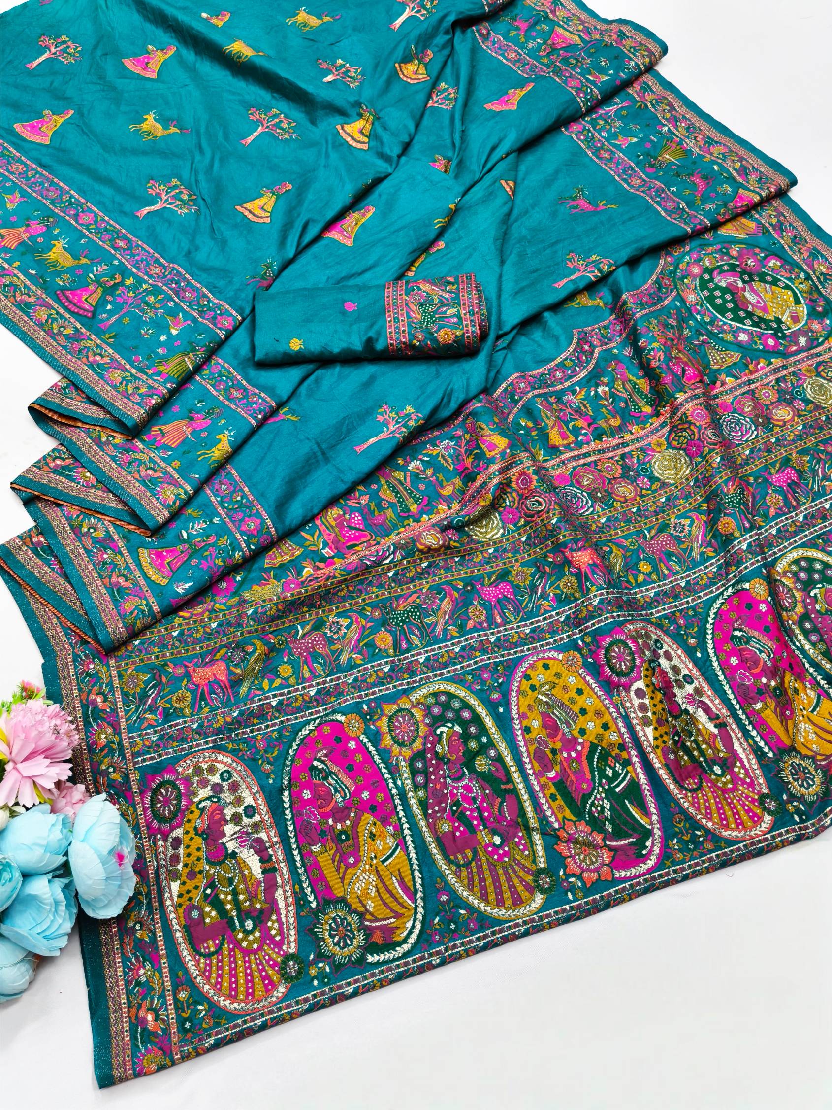 Designer Rama Nylon Dola Pashmina Saree With Gratifying Blouse Piece