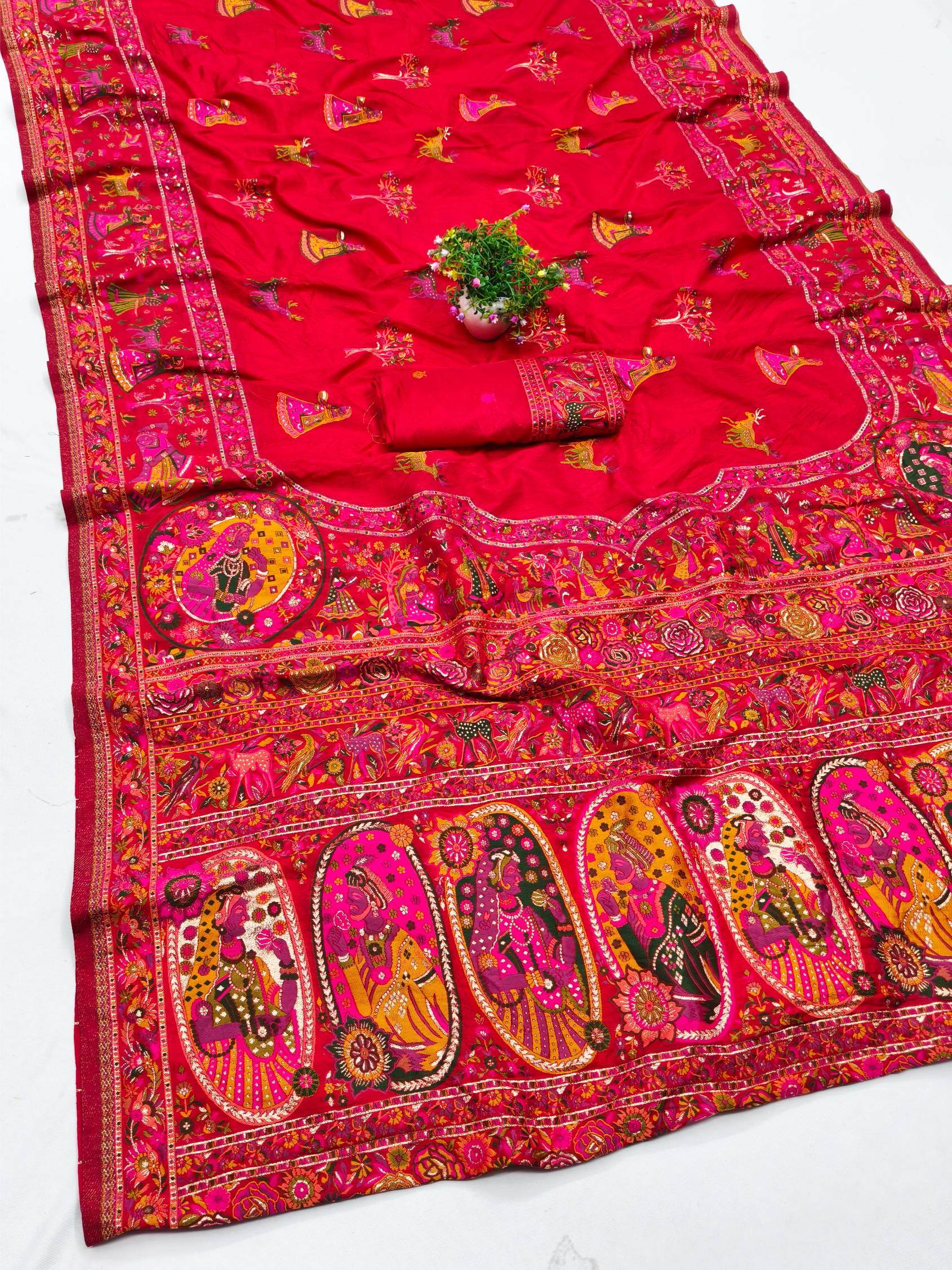 Enigmatic Red Nylon Dola Pashmina Saree With Elaborate Blouse Piece