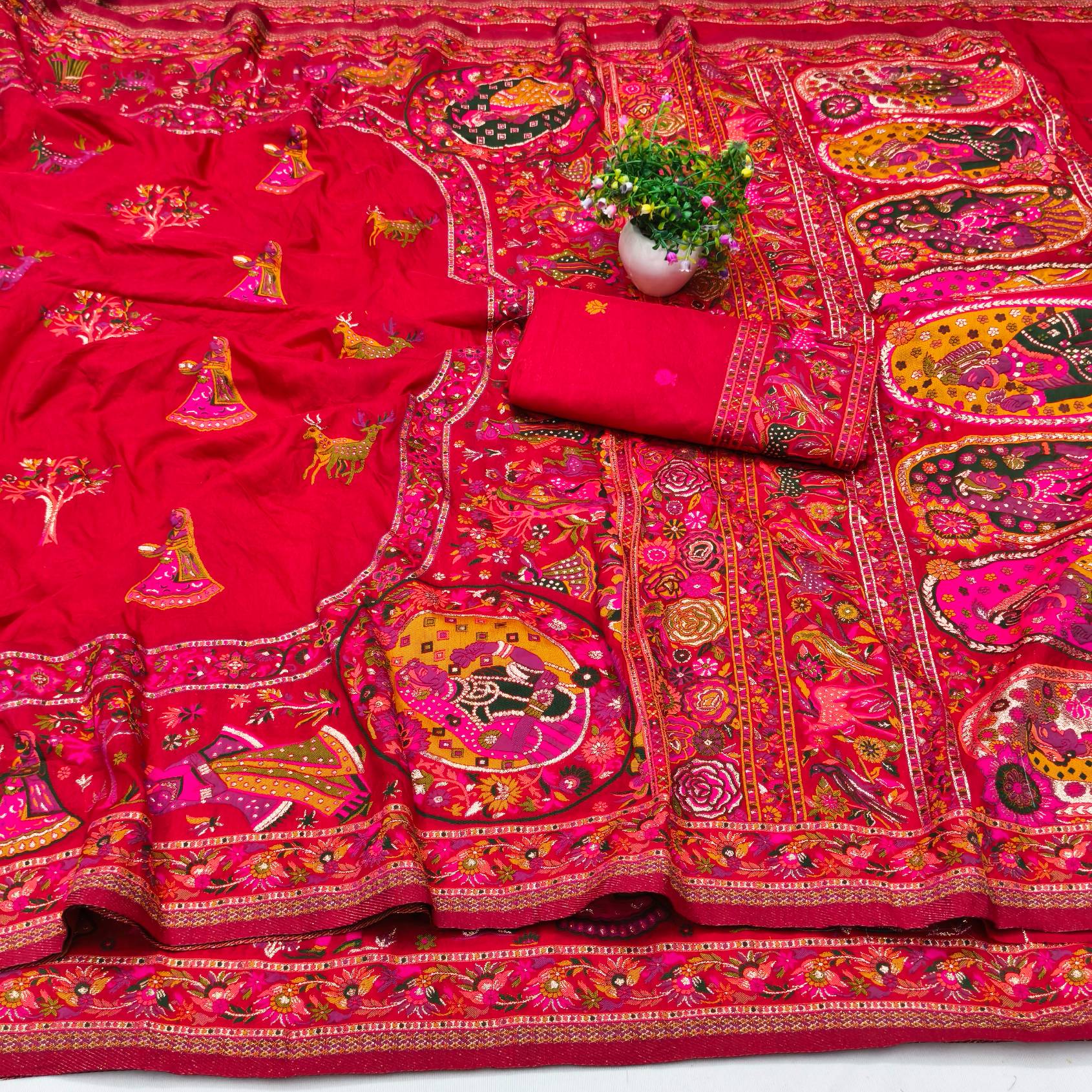 Enigmatic Red Nylon Dola Pashmina Saree With Elaborate Blouse Piece