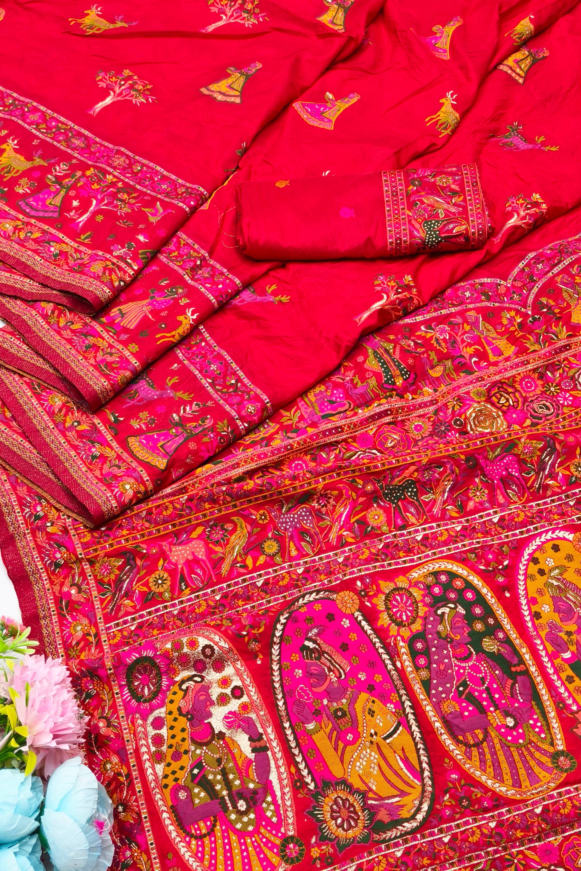 Enigmatic Red Nylon Dola Pashmina Saree With Elaborate Blouse Piece