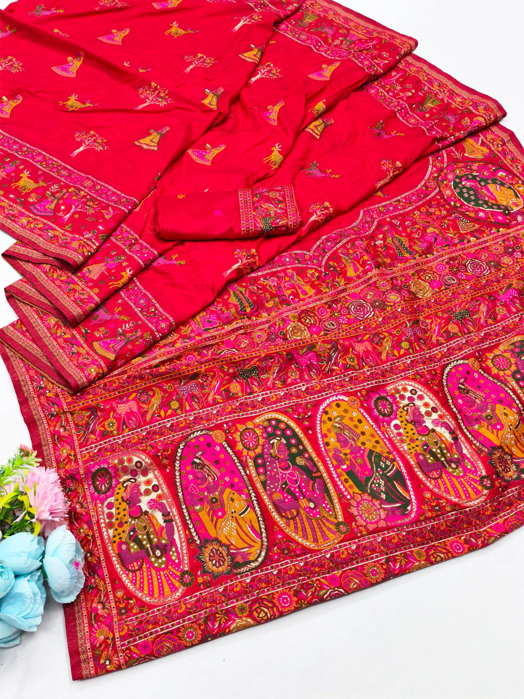 Enigmatic Red Nylon Dola Pashmina Saree With Elaborate Blouse Piece