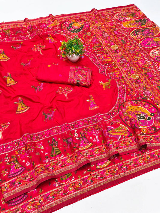 Enigmatic Red Nylon Dola Pashmina Saree With Elaborate Blouse Piece