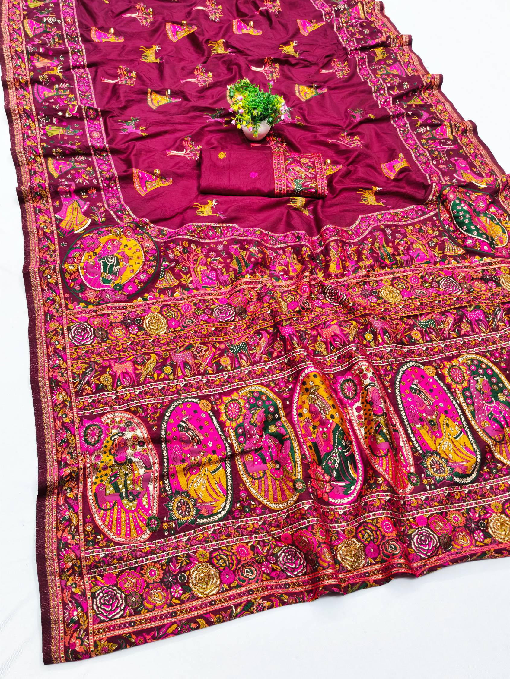 Vestigial Wine Nylon Dola Pashmina Saree With Vivacious Blouse Piece