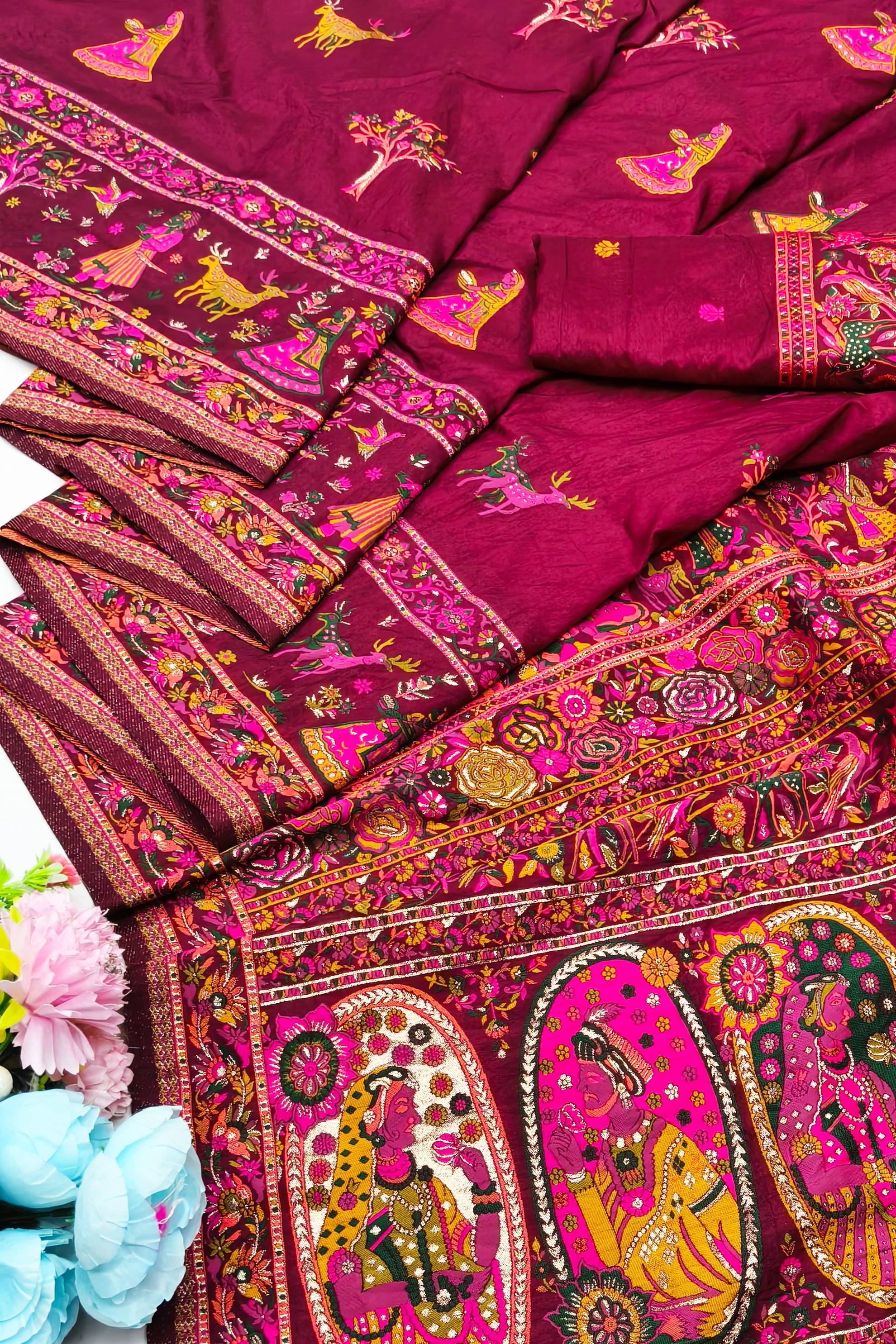 Vestigial Wine Nylon Dola Pashmina Saree With Vivacious Blouse Piece