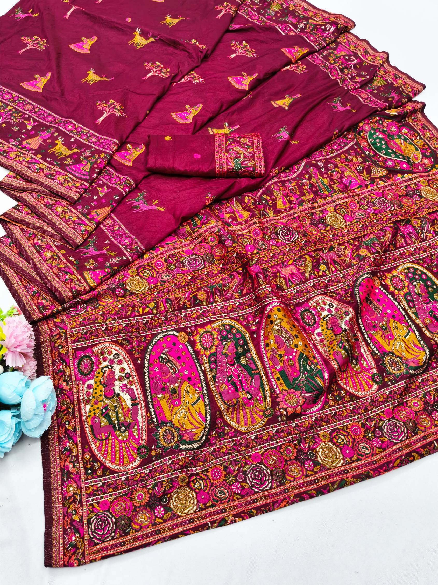 Vestigial Wine Nylon Dola Pashmina Saree With Vivacious Blouse Piece