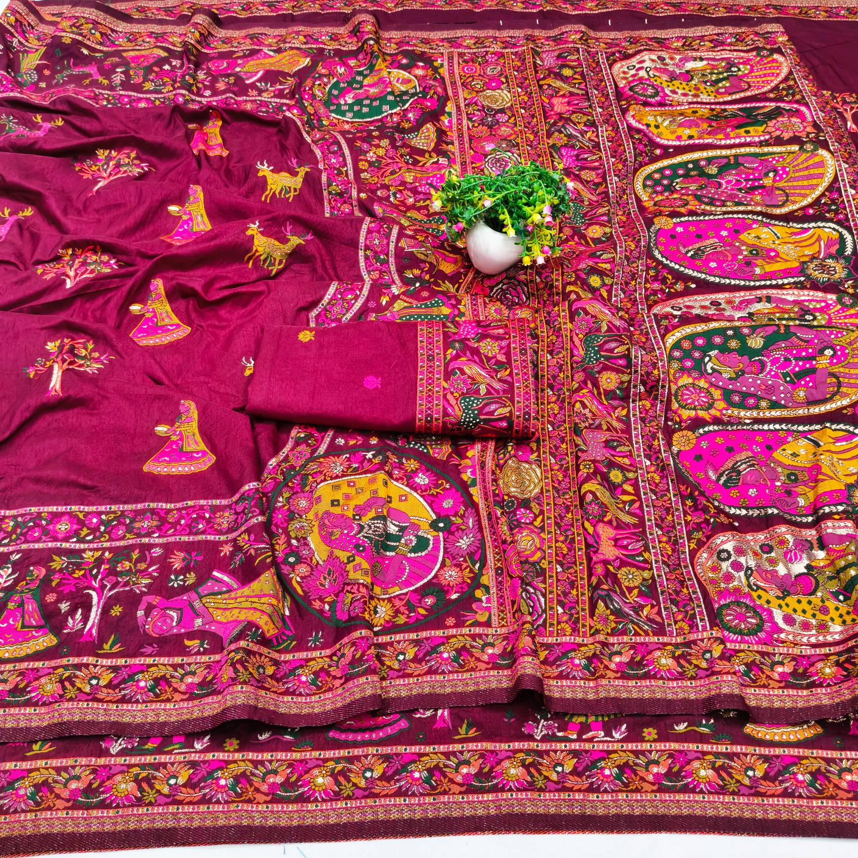 Vestigial Wine Nylon Dola Pashmina Saree With Vivacious Blouse Piece