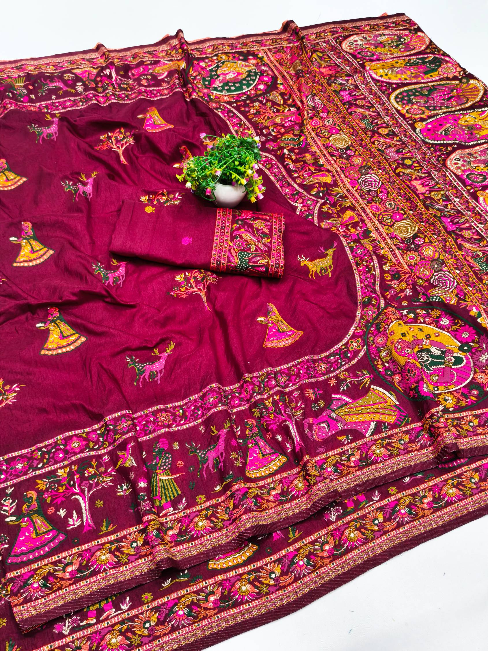 Vestigial Wine Nylon Dola Pashmina Saree With Vivacious Blouse Piece