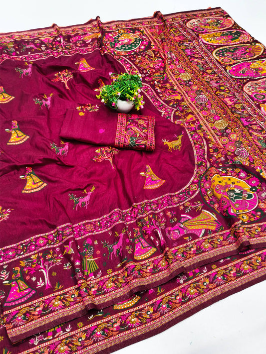 Vestigial Wine Nylon Dola Pashmina Saree With Vivacious Blouse Piece