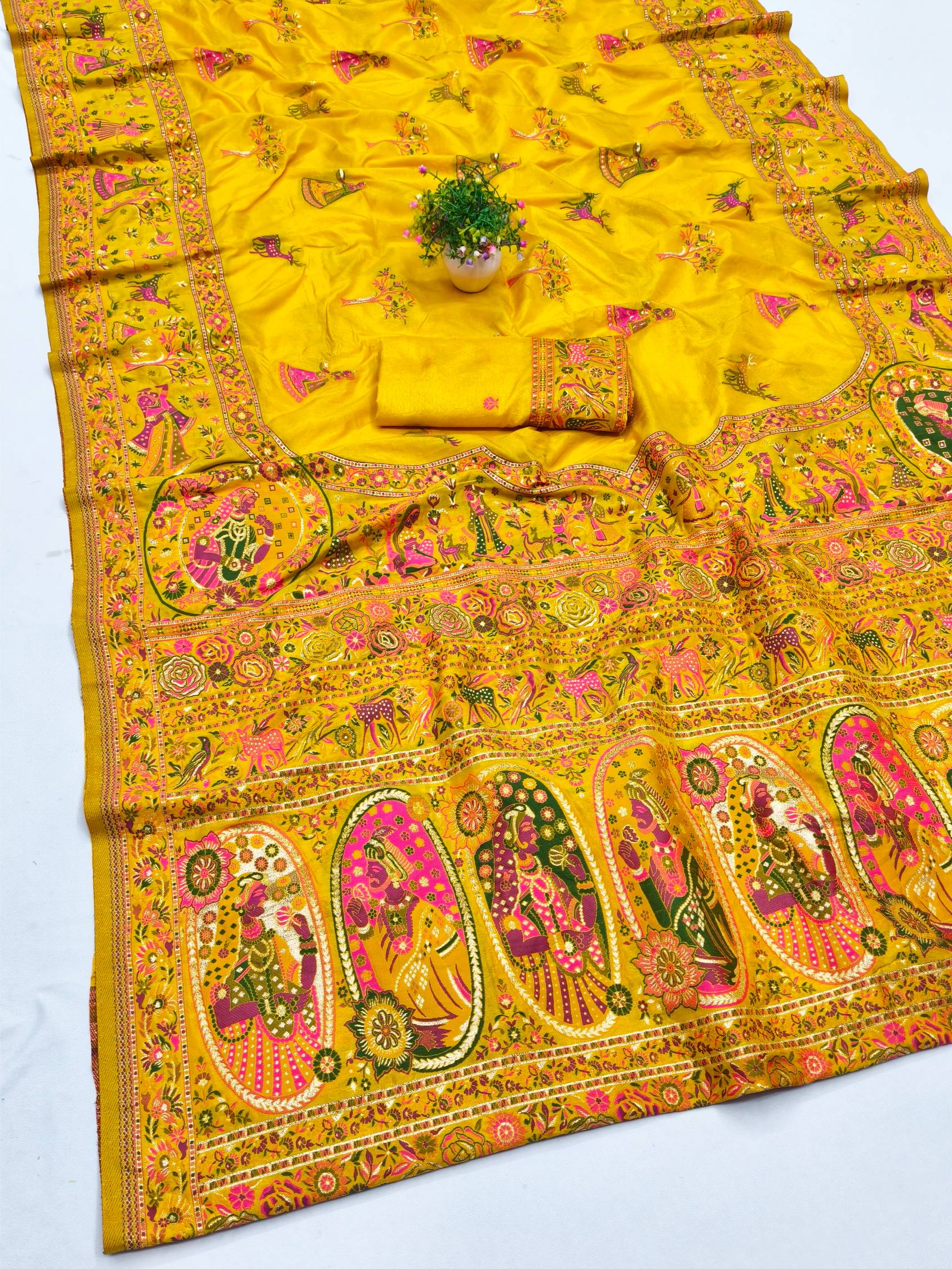Staring Yellow Nylon Dola Pashmina Saree With Invaluable Blouse Piece