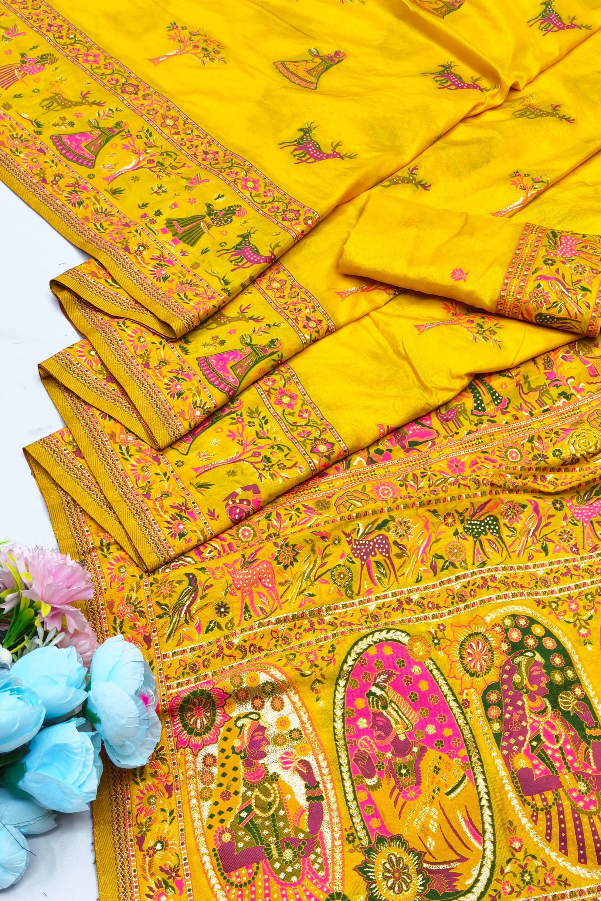 Staring Yellow Nylon Dola Pashmina Saree With Invaluable Blouse Piece