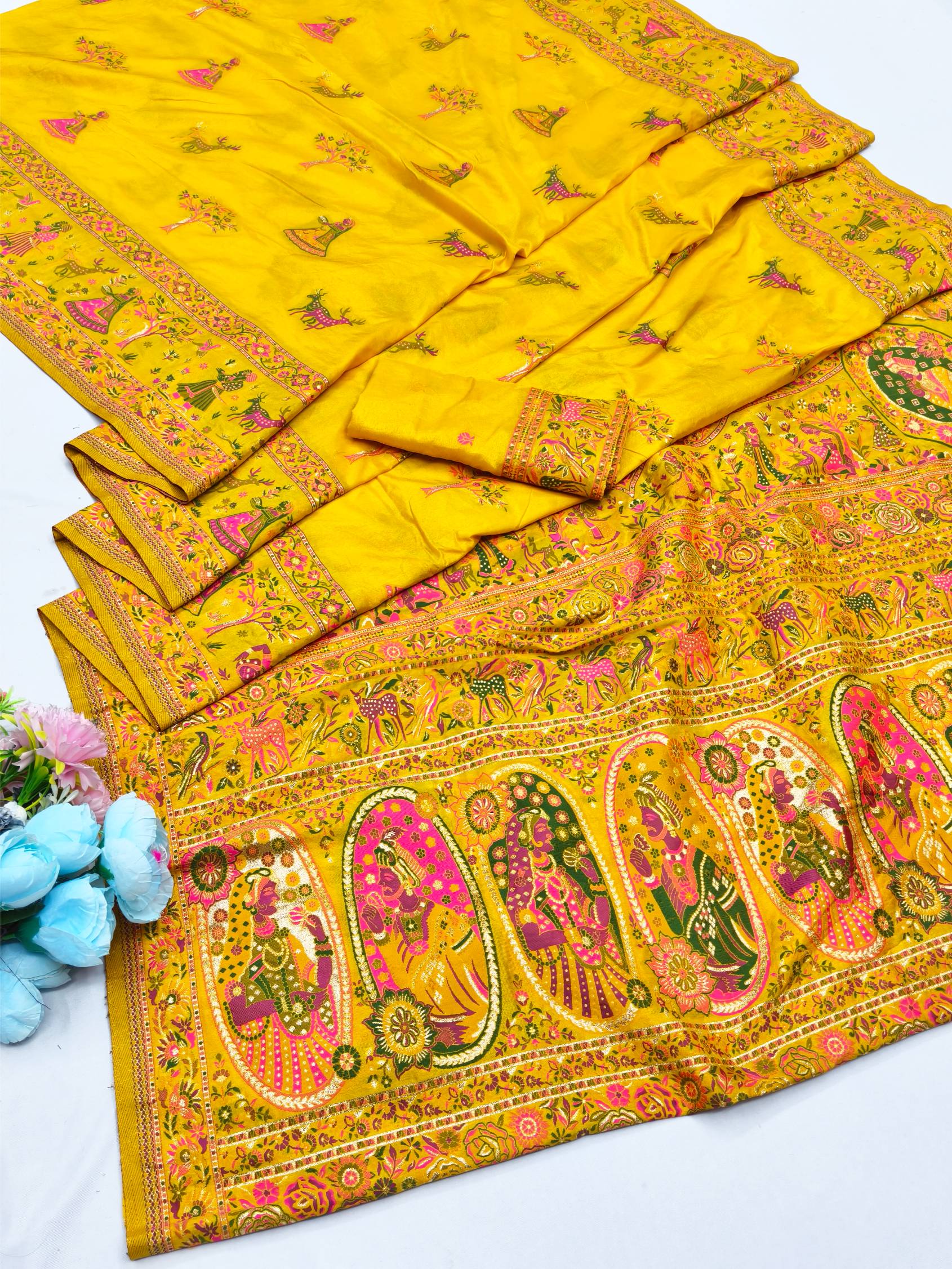 Staring Yellow Nylon Dola Pashmina Saree With Invaluable Blouse Piece