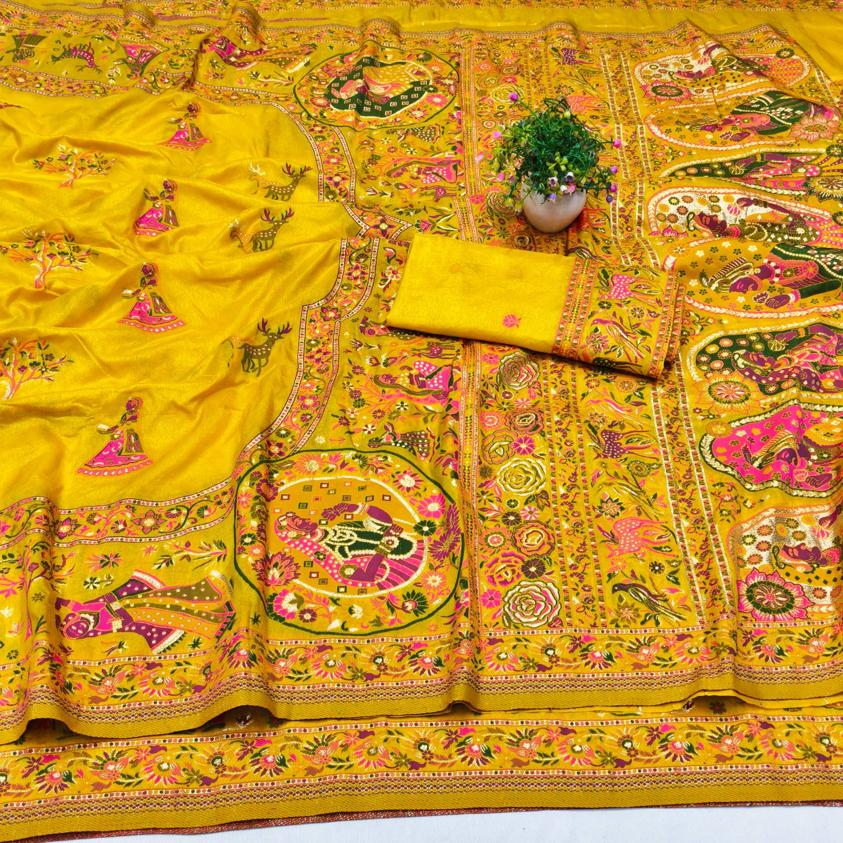 Staring Yellow Nylon Dola Pashmina Saree With Invaluable Blouse Piece